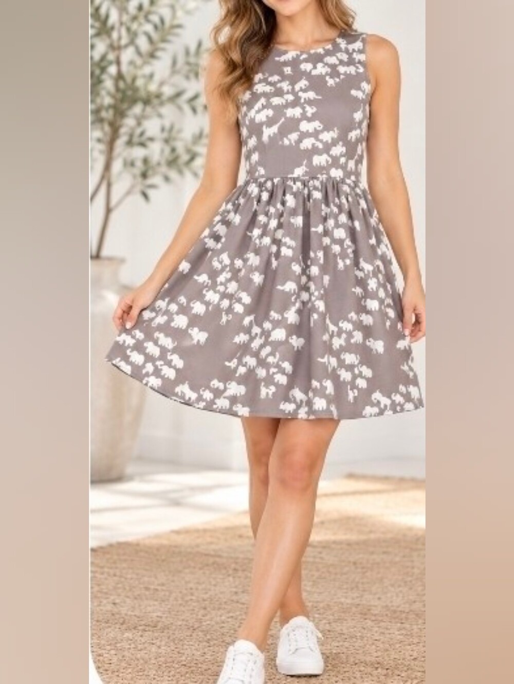 Pepperberry Gray Elephant Giraffe Animal Print Fit & Flare Dress